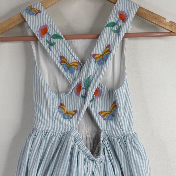 Mini Boden Dress 7-8 Embroidered Floral Cross Back Cotton Stripe Preppy Beach - Picture 9 of 13